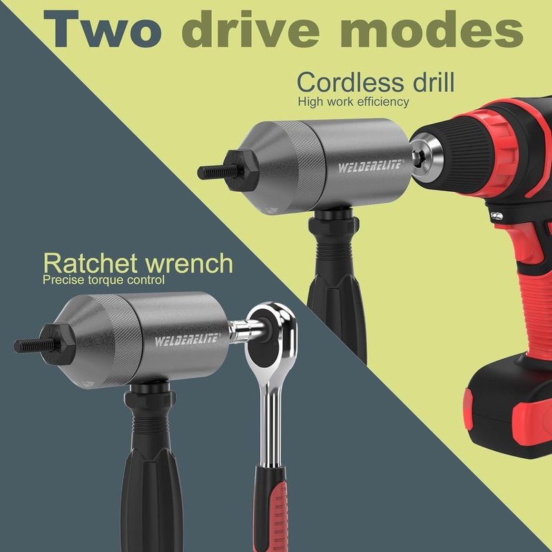 WelderElite Rivet Nut Drill Adapter Kit - Dual Drive Modes: Drill/Ratchet, with 270pcs Nuts & 36pcs Mandrels (Gray) - Image 3
